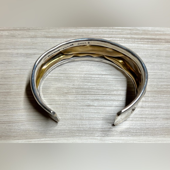 Modernist Designer Lazaro G. Sterling Silver & Brass Sculpted Cuff Bracelet - Picture 7 of 9